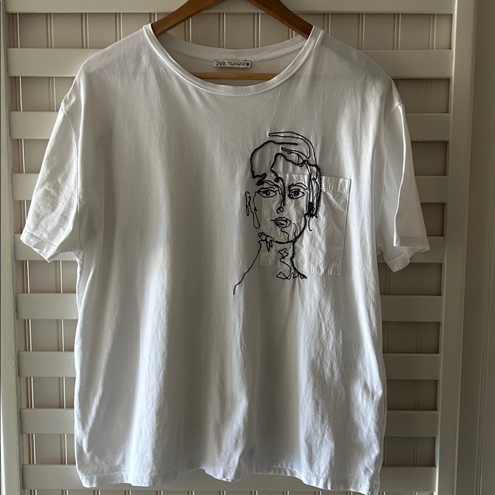 Zara White Tee with Black Line Art